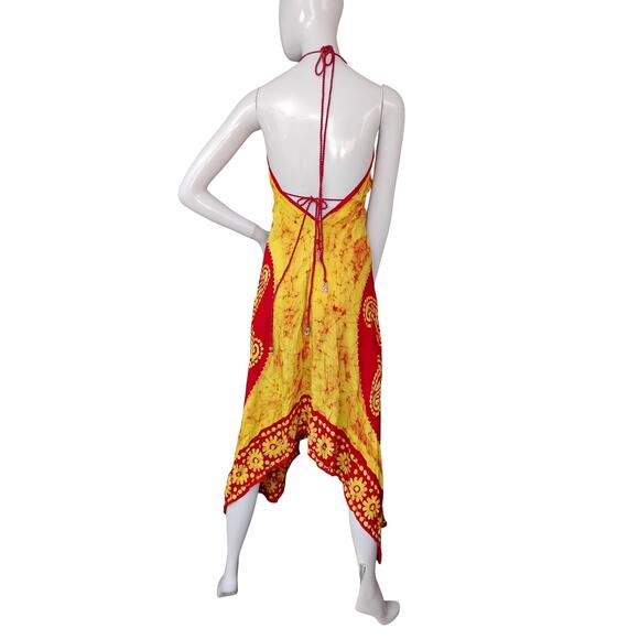 Bohemian Ethnic Inspired Maxi Dress One Size Yellow and Red Halter Low Back - Picture 7 of 12